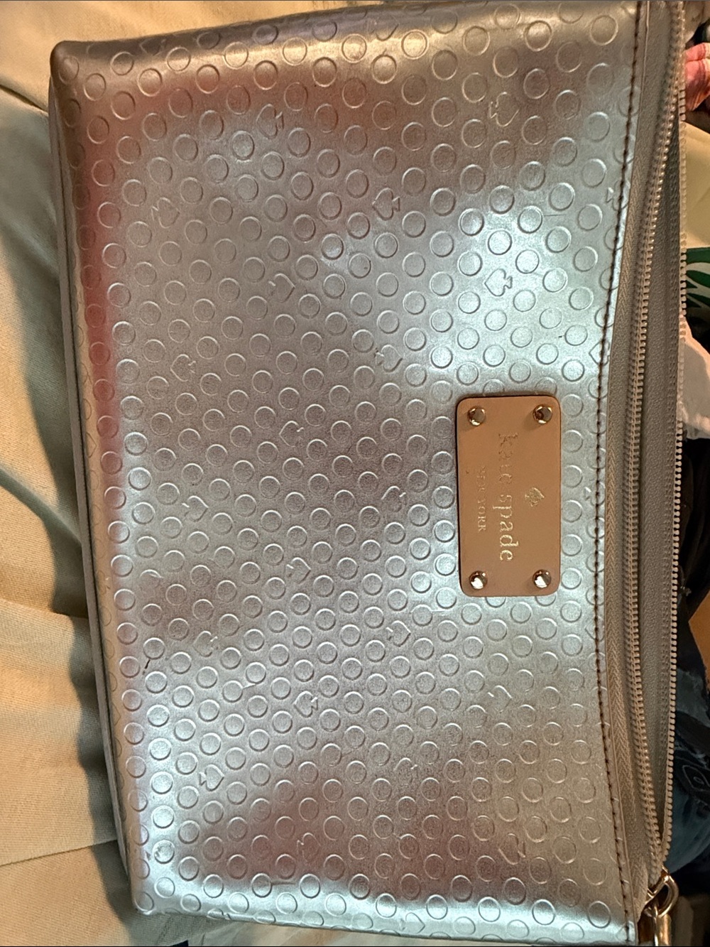 kate spade metallic silver embossed cosmetic pouch